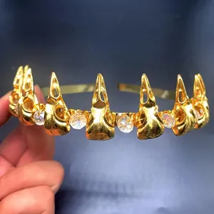 Handmade golden bird skull crown headband with transparent crystal beads for Halloween
