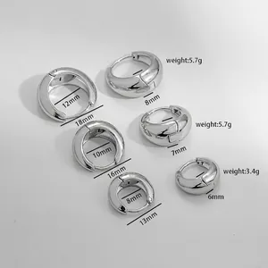 Polished stainless steel hoop earrings in three sizes with detailed measurements