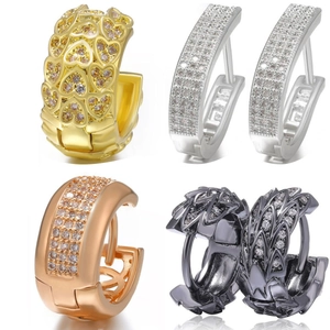 Four pairs of copper hoop earrings with zircon heart and leaf designs in four colors