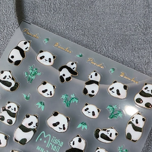 5D nail art stickers featuring cute panda and bamboo designs with gold foil detailing
