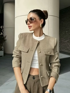 Women Elegant Short Tweed Jacket Round Neck Long Sleeve Blazer Textured Coat With Gold Buttons And Pockets Office Lady