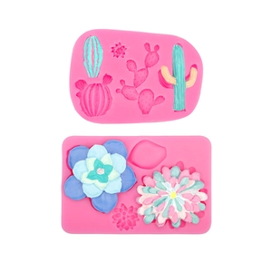 Lot de moules en silicone rose pour décors de gâteaux cactus et succulentes