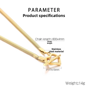 Detail of golden stainless steel snake chain with heart-shaped OT toggle clasp and dimensions