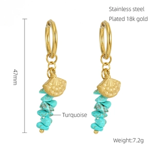 Detail of 18k gold plated stainless steel earrings with natural turquoise and shell