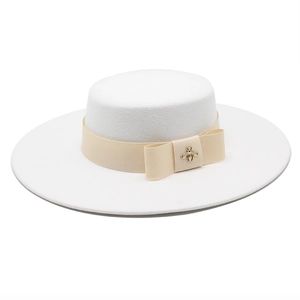 White wool felt flat top boater hat with champagne ribbon and gold bee accent