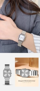 Detail of silver square quartz watch with minimalist dial and mesh strap for women