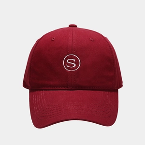 Close-up of the vintage red cotton baseball cap with white S letter embroidery
