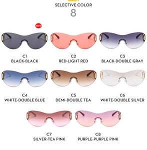 Selection of rimless Y2K sunglasses in eight vibrant colors with metal hinge detail