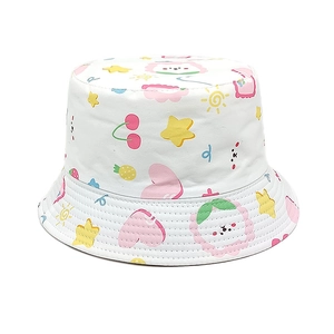 Detail view of cotton bucket hat featuring colorful cartoon prints and reinforced brim stitching