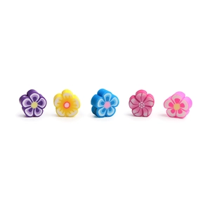 Detailed view of colorful 10mm flower-shaped polymer clay beads for DIY jewelry making