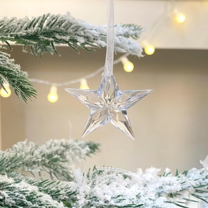 Clear acrylic Christmas star ornament hanging on a snowy tree with warm festive lights