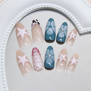 French almond press-on nails set with leopard print, stars, and floral patterns