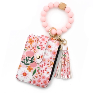 Pink floral card wallet with silicone bead wristlet and elegant tassel keychain charm