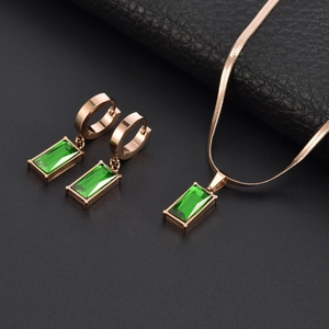 Titanium Steel Jewelry With Rectangular Green Gemstone Geometric Necklace And Stud Earrings Fashion For Women