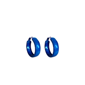 Polished bold royal blue hoop earrings with glossy lacquer finish on white background