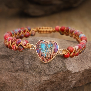 Bohemian Hand-woven Natural Imperial Stone Wrap Bracelet For Women Heart Shaped Alloy Wrapped Bead Bracelet Jewelry Gift