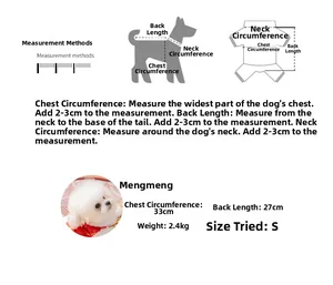 Size guide for pet festive vest showing chest, back and neck measurement instructions