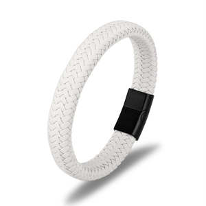 Detailed view of a white braided leather bracelet featuring a black magnetic steel clasp