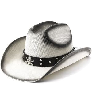 Vintage Western Cowboy Hat Paper Straw Braided Gradient Wide Brim Breathable With Leather Rivet Band Skull Badge Gothic