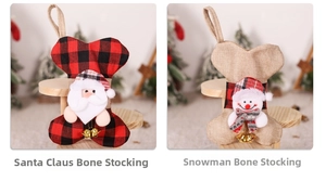 Detail of bone-shaped plaid Christmas stockings with Santa and snowman 3D characters