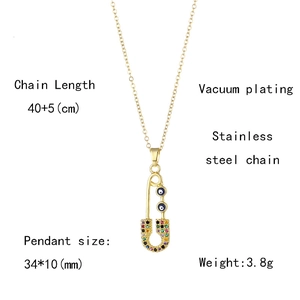Detail showing dimensions and specifications for the gold eye safety pin pendant necklace