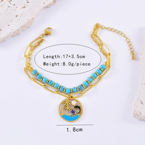 Detailed gold double-layer bracelet with turquoise beads and tropical palm pendants