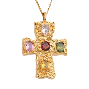 Gold stainless steel cross necklace with colorful zircon stones and hammered texture
