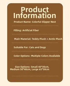 Size chart for slipper-shaped pet bed with teddy velvet material details for cats and dogs