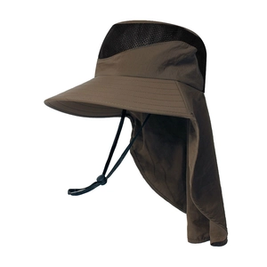 Detail of outdoor sun hat featuring dark brown neck flap and breathable mesh panels