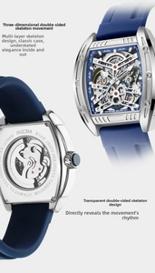 Detailed views of automatic mechanical watch with dual-sided hollow dial and blue silicone strap