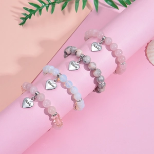 Bracelet Perles Pierre Naturelle Quartz Rose Pendentif Coeur Acier Inoxydable Strass Bijoux Mode Femmes