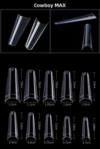 Detailed size chart for extra long square flat French false nail tips in 10 sizes