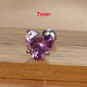 Macro shot of 7mm heart-shaped purple zircon stud earring with stainless steel screw back