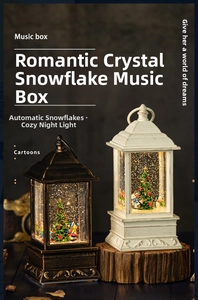Detailed view of bronze and white vintage Christmas lanterns with snow and lights