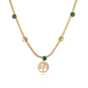 Gold tree of life necklace with green zircon stones on flat snake chain jewelry