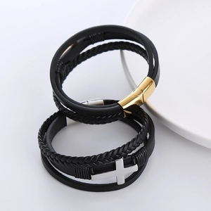 Classic men's multi-layer black braided leather bracelet with magnetic gold clasp and cross