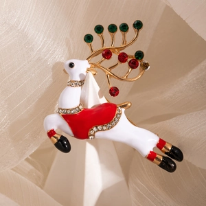 Christmas reindeer brooch with white enamel, gold antlers and colorful rhinestones
