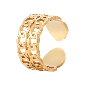 Detailed view of the golden double-layer hollow chain texture on this open ring