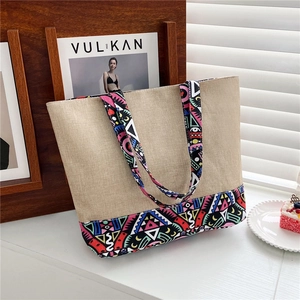 Ethnic style canvas linen tote bag with geometric patterns for a stylish look