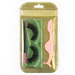 Detailed set of thick 3D curly eyelashes with pink spoolie brush and applicator tool