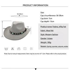 Ethnic Western cowboy hat in gray wool felt with turquoise rivet band and sizing specs