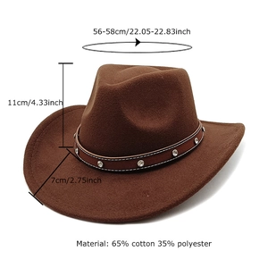 Brown wool felt cowboy hat with rhinestone band and specific size measurements