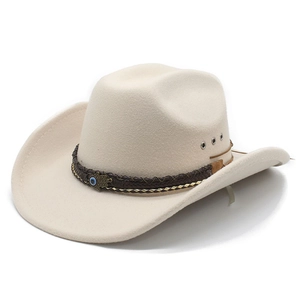 Classic cream felt western cowboy hat with brown braided band and ethnic charm