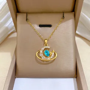 Women Crescent Moon Galaxy Necklace Stainless Steel Chain With Copper Zircon Blue Water Drop Pendant Elegant Jewelry