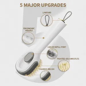 Refillable liquid shoe cleaning brush with soft bristles and ergonomic long handle