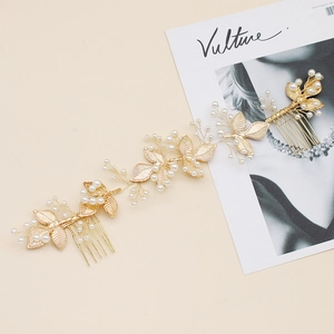 Handmade gold leaf hair comb with pearls and beads for bridal wedding hairstyles