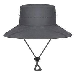Unisex grey outdoor wide brim sun hat with adjustable windproof rope and breathable vents