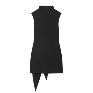 Slim fit black sleeveless turtleneck mini dress with asymmetric hem and white stitching
