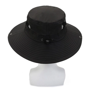 Men's outdoor wide brim sun hat in black with breathable mesh and adjustable chin strap