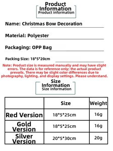 Detailed size chart for Christmas bow decorations in red, gold, and silver finishes